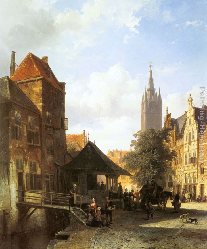 Cornelis Springer Figures in a Street in Delft